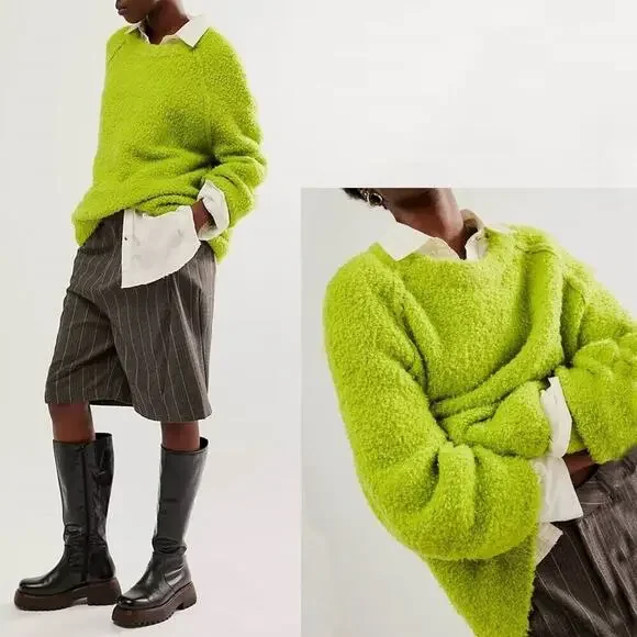 Free People Oversized Sweater Wool Blend Teddy Tunic Green Size XL Preppy Boho - Picture 4 of 9